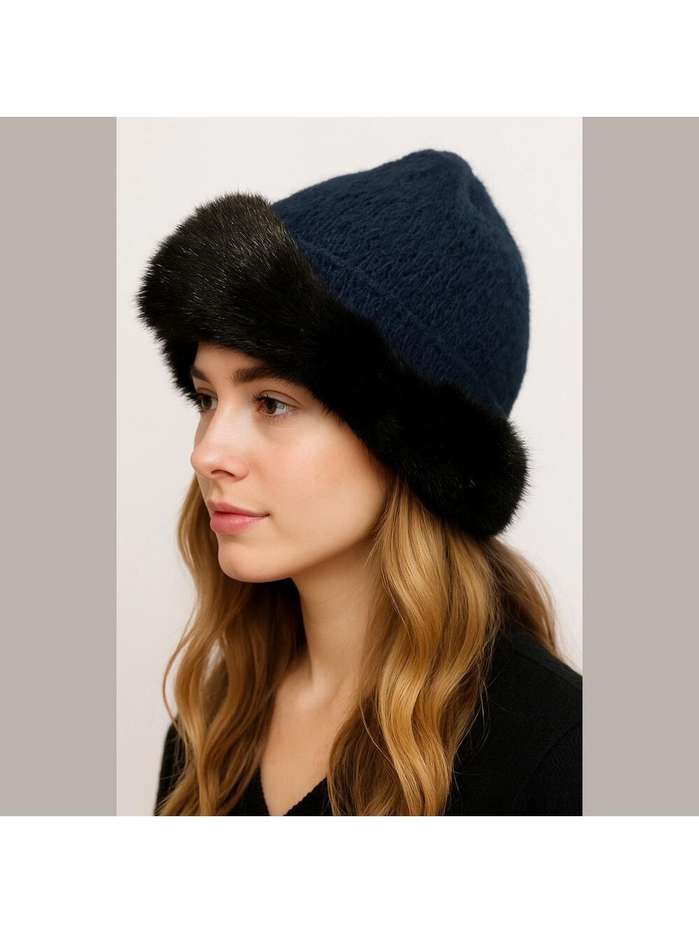 NWOT 60s EVERITT NAVY KNIT & BLACK FAUX FUR HAT W FOLD UP TRIM BRIM MOBWIFE MCM